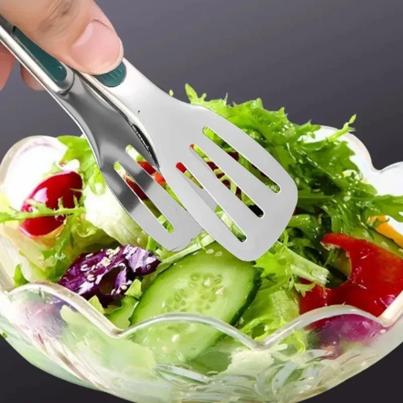 7"/12" Stainless Steel BBQ Tongs   Non-Slip Silicone Handle Food Clip for Meat, Salad, Bread & Baking