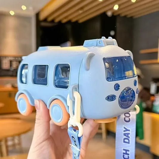 500ml Kids Portable Bear Water Bottle with Straw & Shoulder Strap  Cute Bus-Shaped Drinking Cup